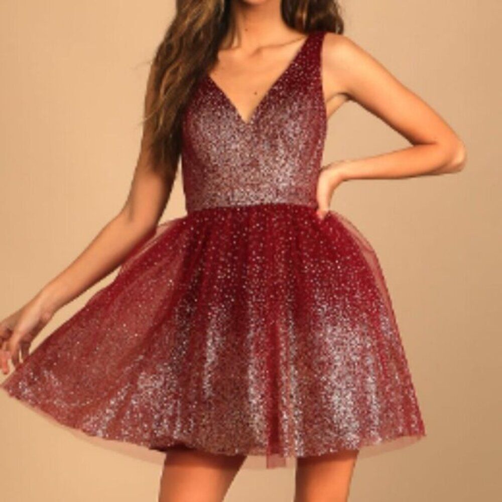 Lulus Women's Skater‎ Mini Dress Burgundy Sparkling Gold Fairy Grunge Whimsigoth
